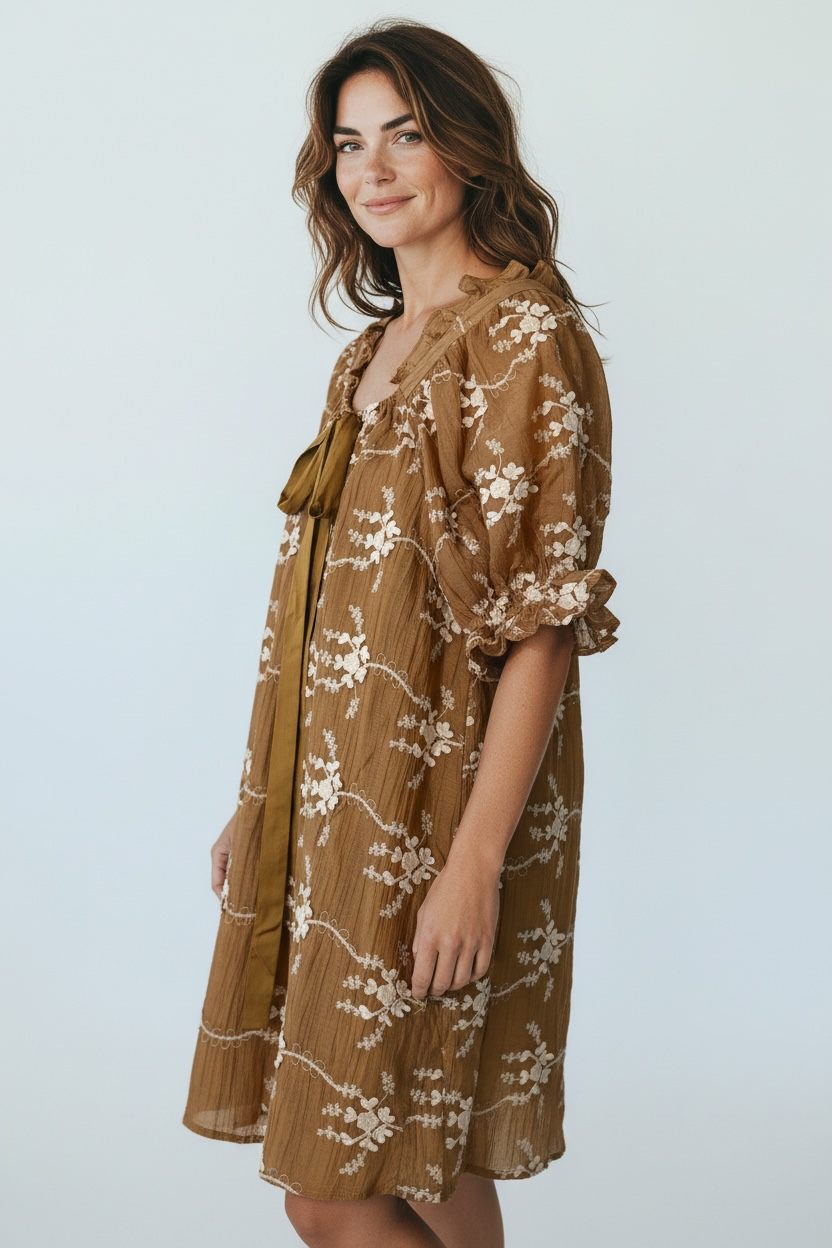 Boho Inspired Tie Front Embroidered Dress