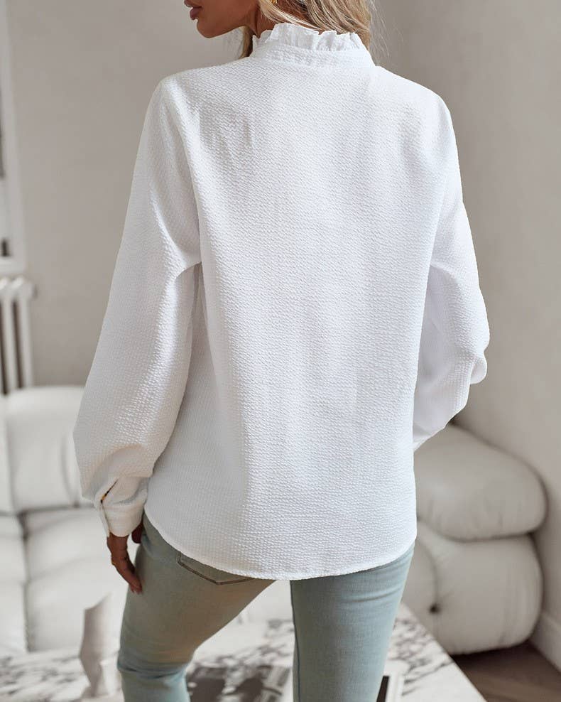 Bubble Texture Ruffled Trim Long Sleeve Shirt