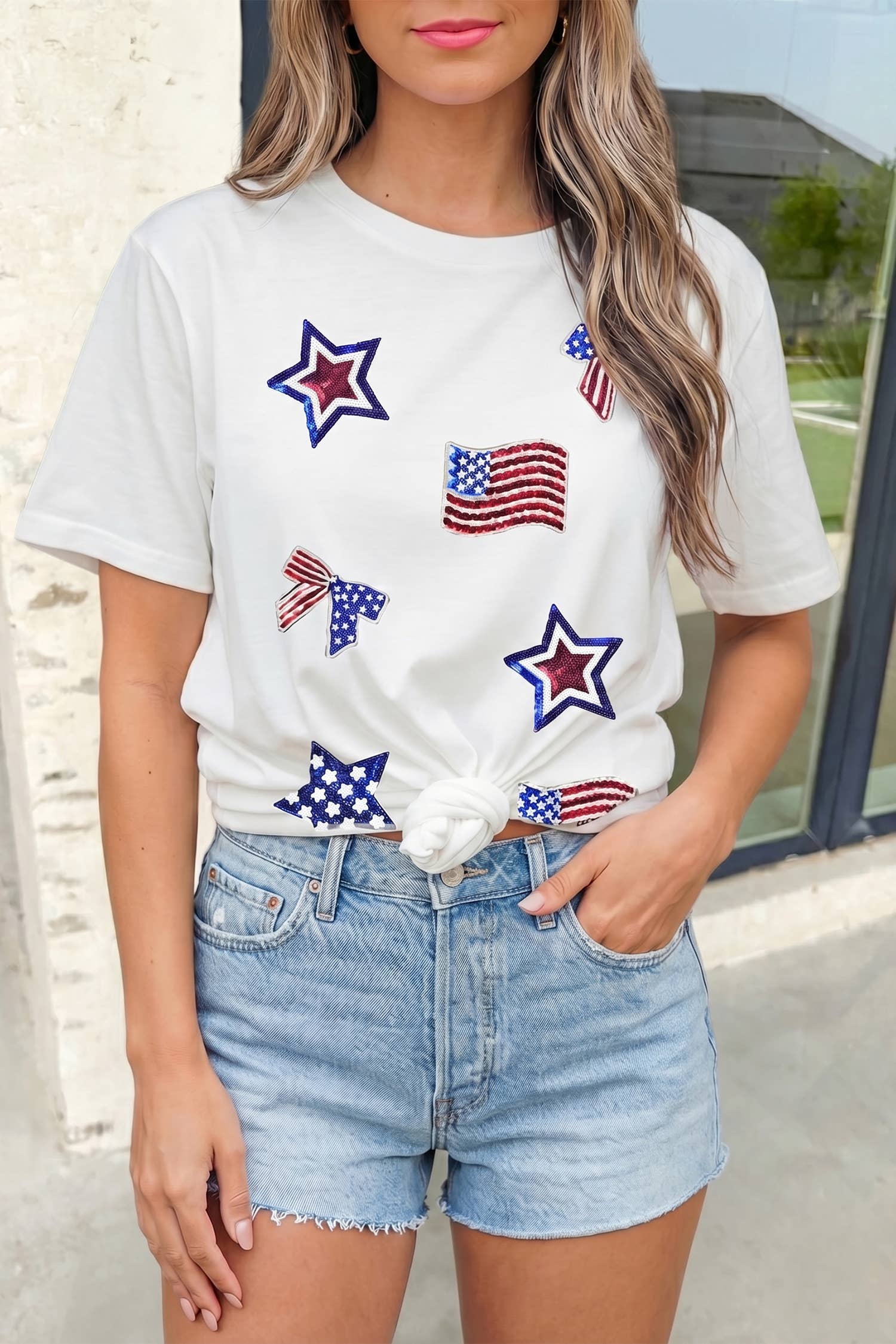 USA Flag Sequin Elements Patched Round Neck Tee | S-3X