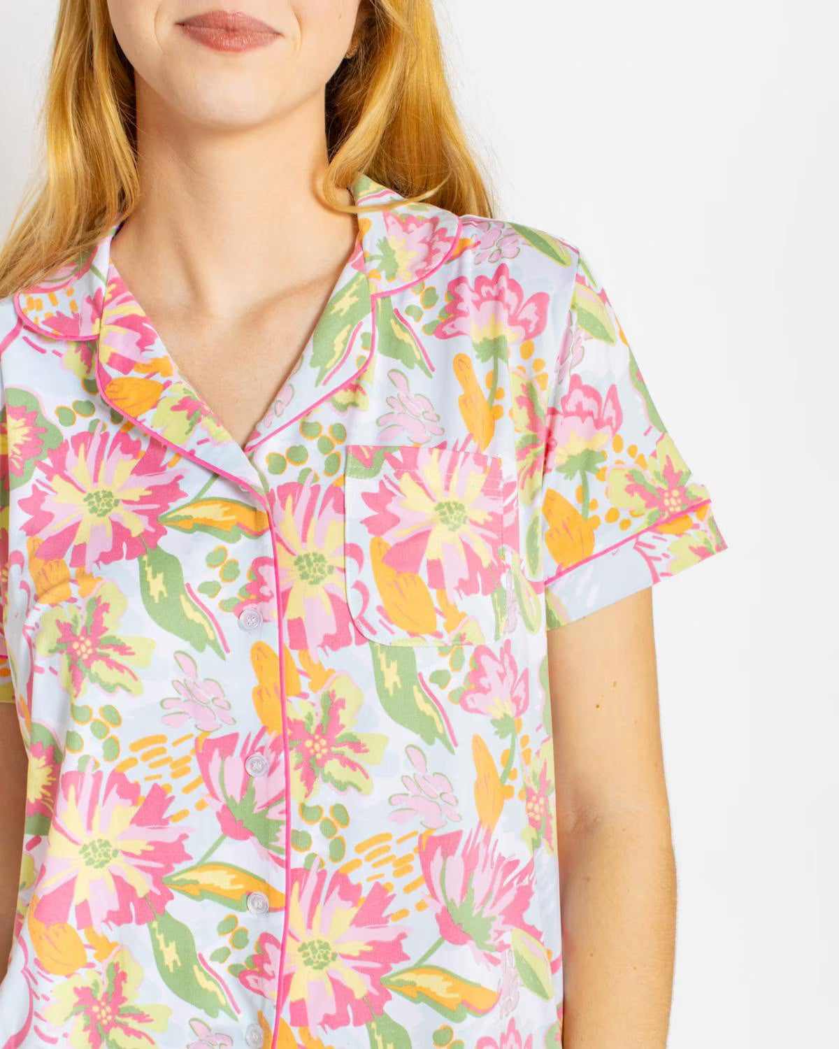 Summer Bouquet Short Sleeve Button Up Sleep Shirt
