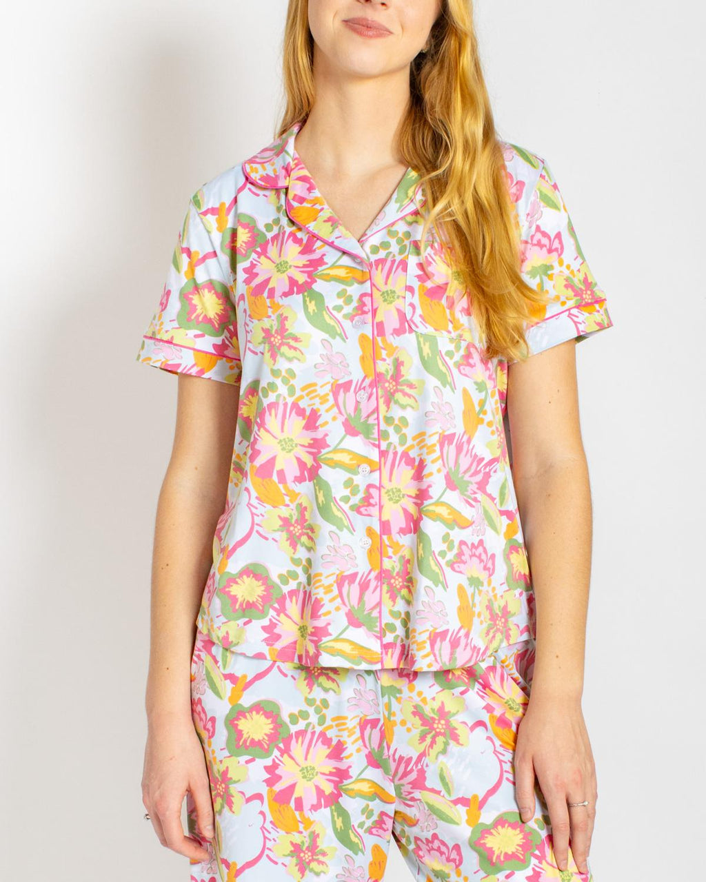 Summer Bouquet Short Sleeve Button Up Sleep Shirt