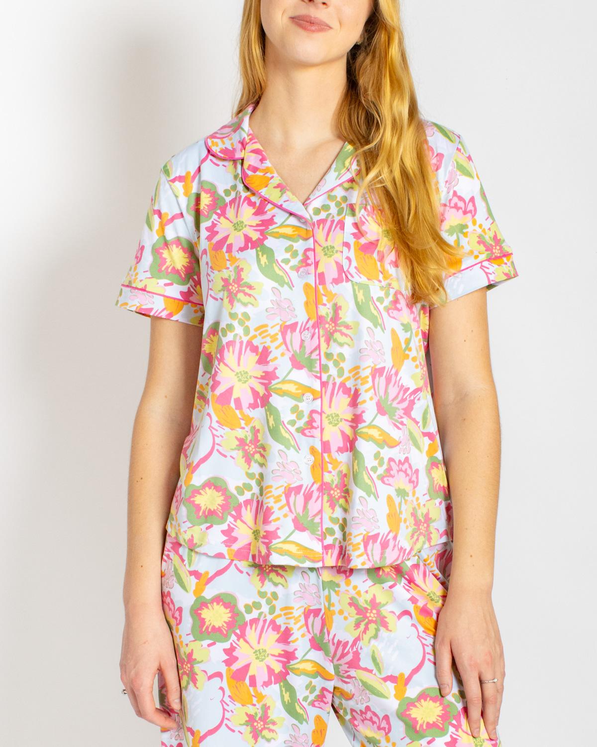 Summer Bouquet Short Sleeve Button Up Sleep Shirt