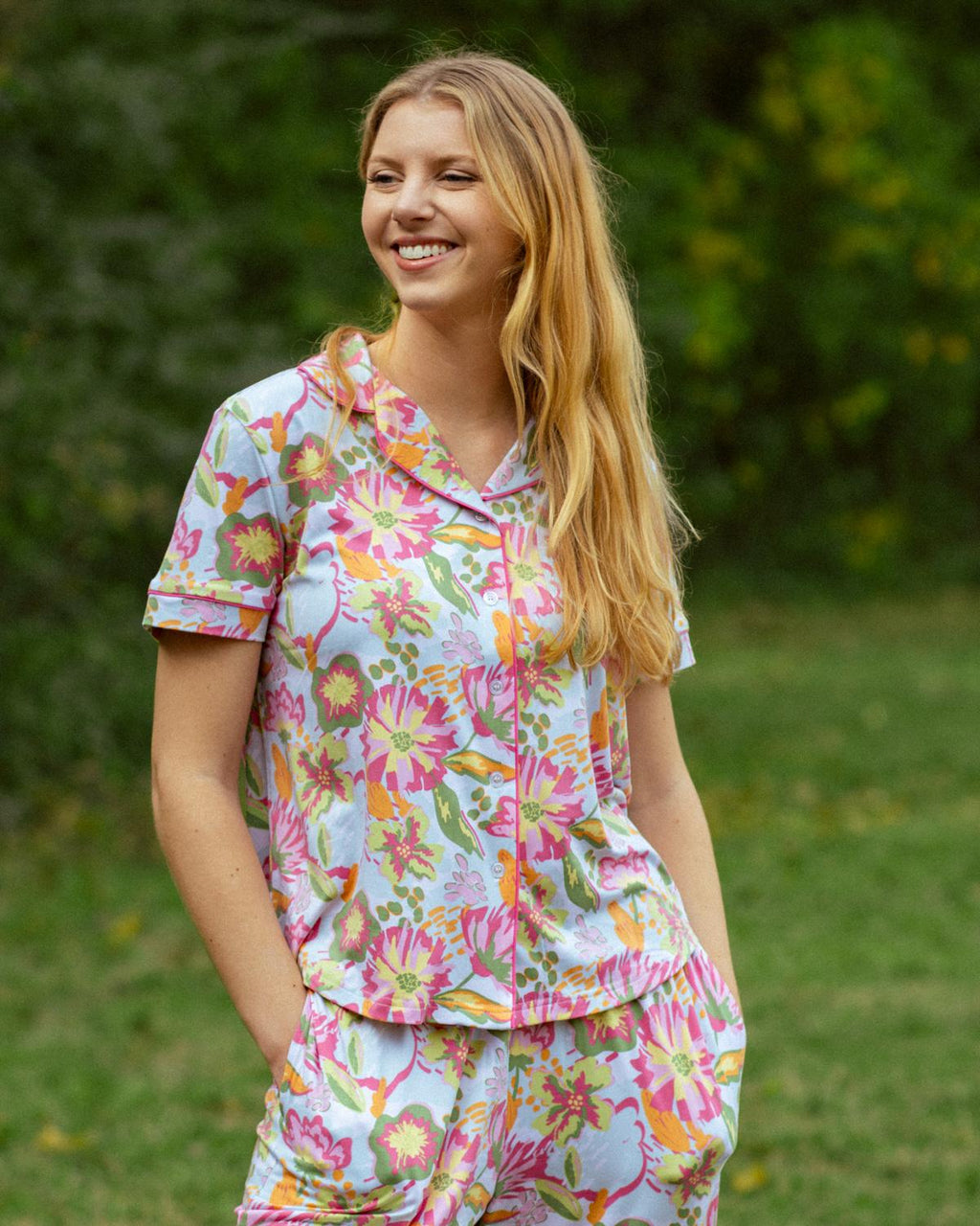 Summer Bouquet Short Sleeve Button Up Sleep Shirt
