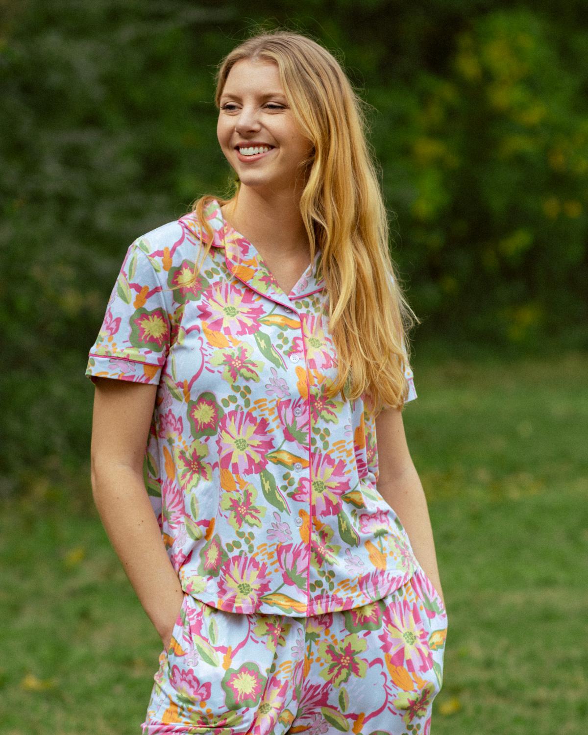 Summer Bouquet Short Sleeve Button Up Sleep Shirt