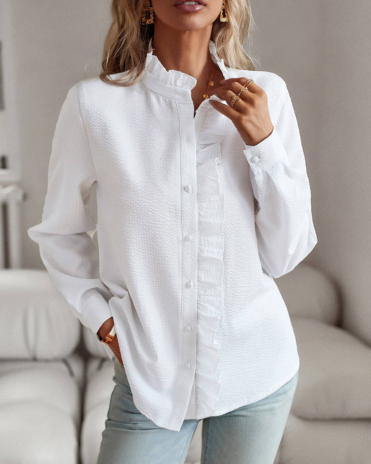 Bubble Texture Ruffled Trim Long Sleeve Shirt