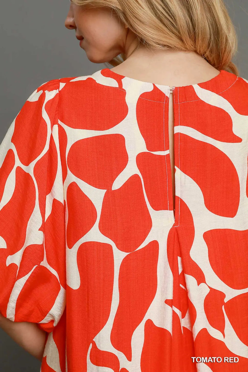 Two Tone Abstract Print with Puff Sleeve Dress Tomato Red
