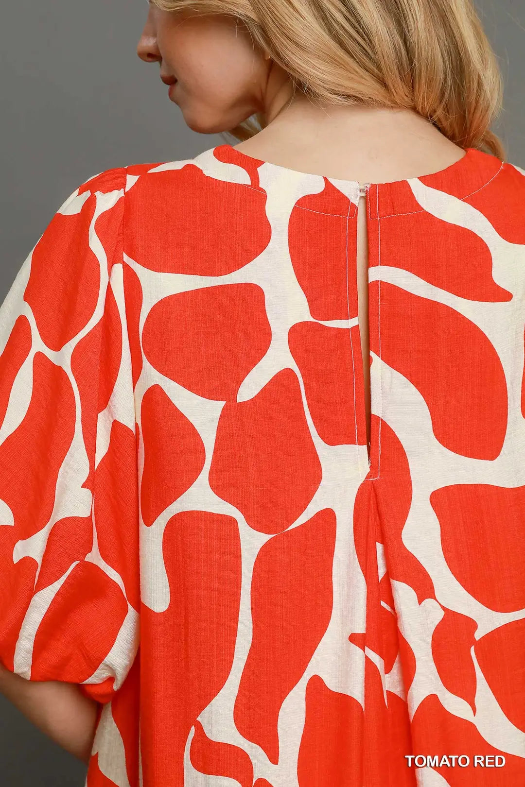 Two Tone Abstract Print with Puff Sleeve Dress Tomato Red