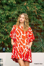 Two Tone Abstract Print with Puff Sleeve Dress Tomato Red