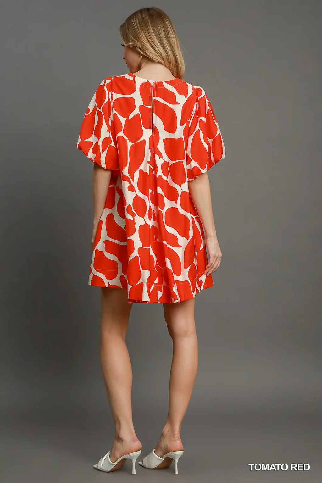 Two Tone Abstract Print with Puff Sleeve Dress Tomato Red