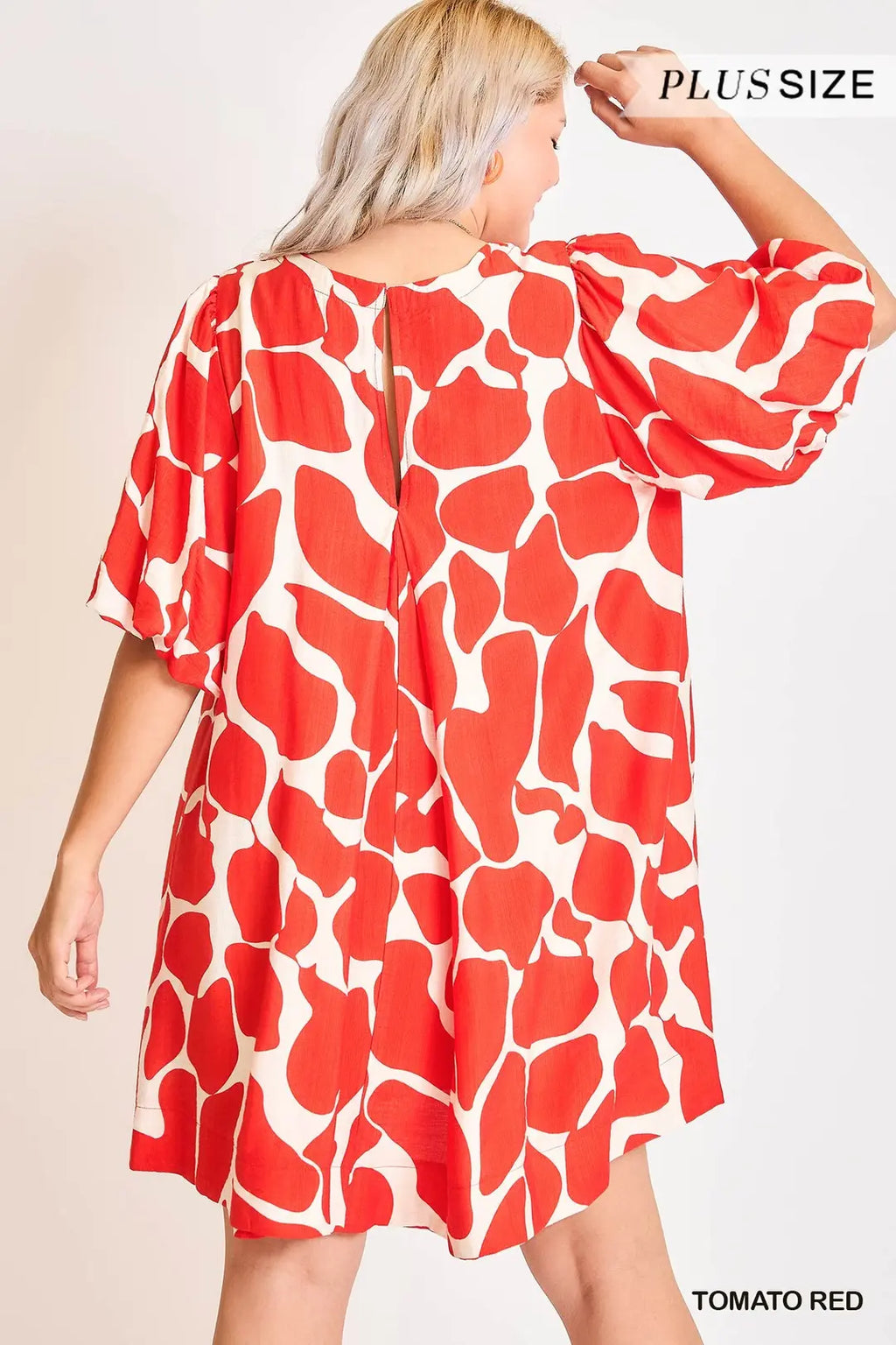 Plus Size Two Tone Abstract Print with Puff Sleeve Dress