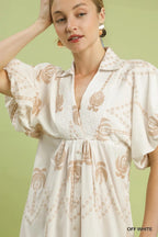 Palm Tree Embroidered Puff Sleeve Midi Dress