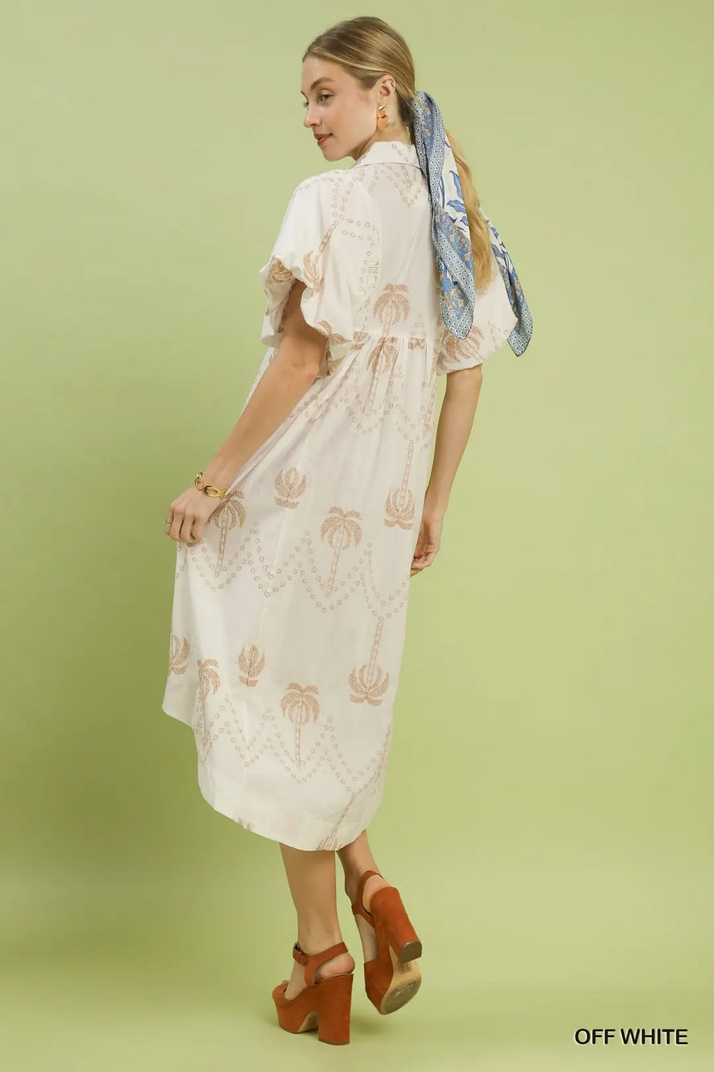Palm Tree Embroidered Puff Sleeve Midi Dress