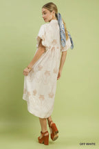 Palm Tree Embroidered Puff Sleeve Midi Dress
