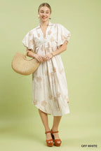 Palm Tree Embroidered Puff Sleeve Midi Dress