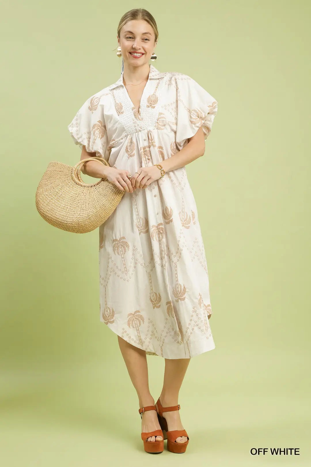 Palm Tree Embroidered Puff Sleeve Midi Dress