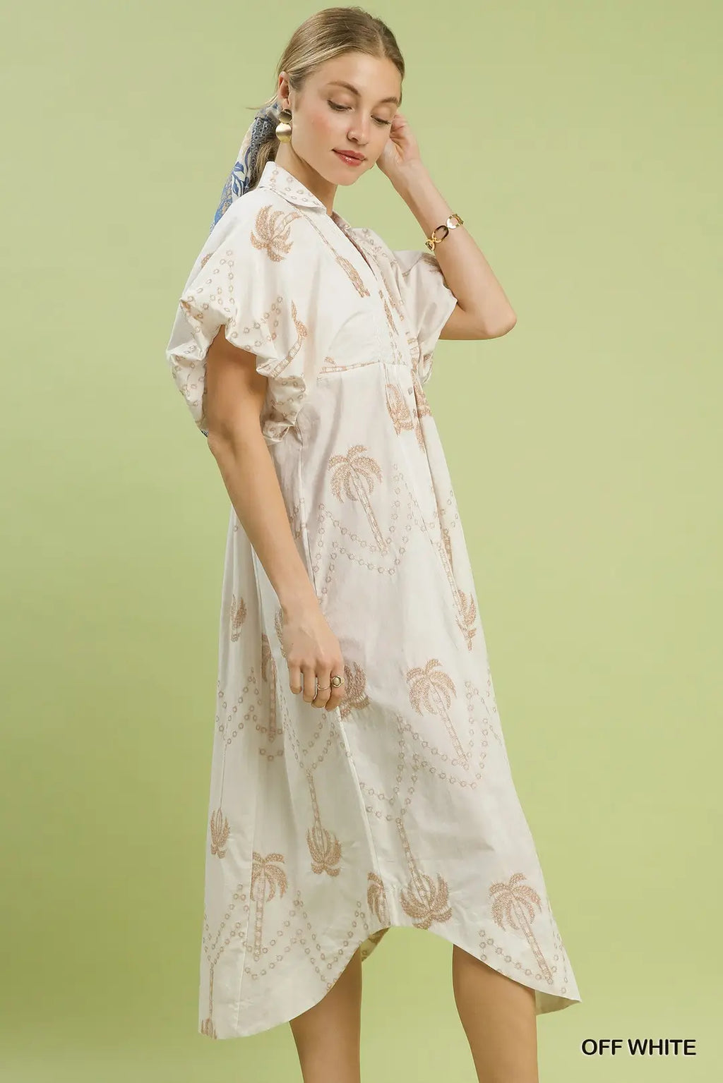 Palm Tree Embroidered Puff Sleeve Midi Dress