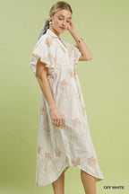 Palm Tree Embroidered Puff Sleeve Midi Dress