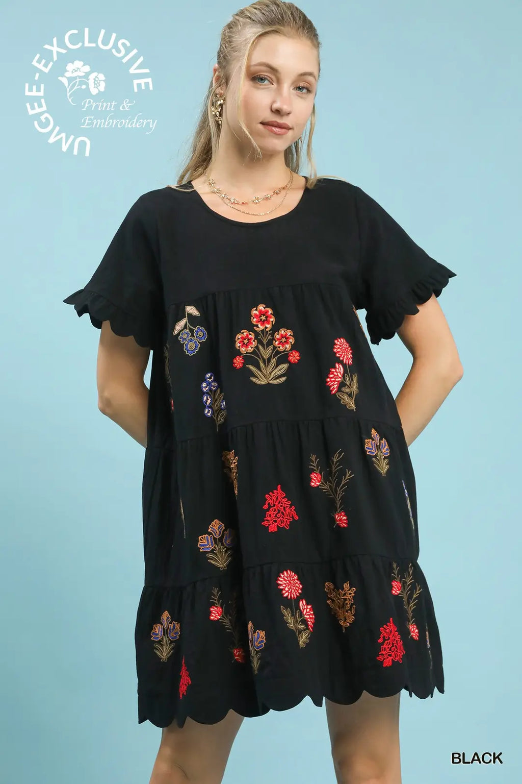 Embroidered Tiered Babydoll Dress with Ruffle Sleeves