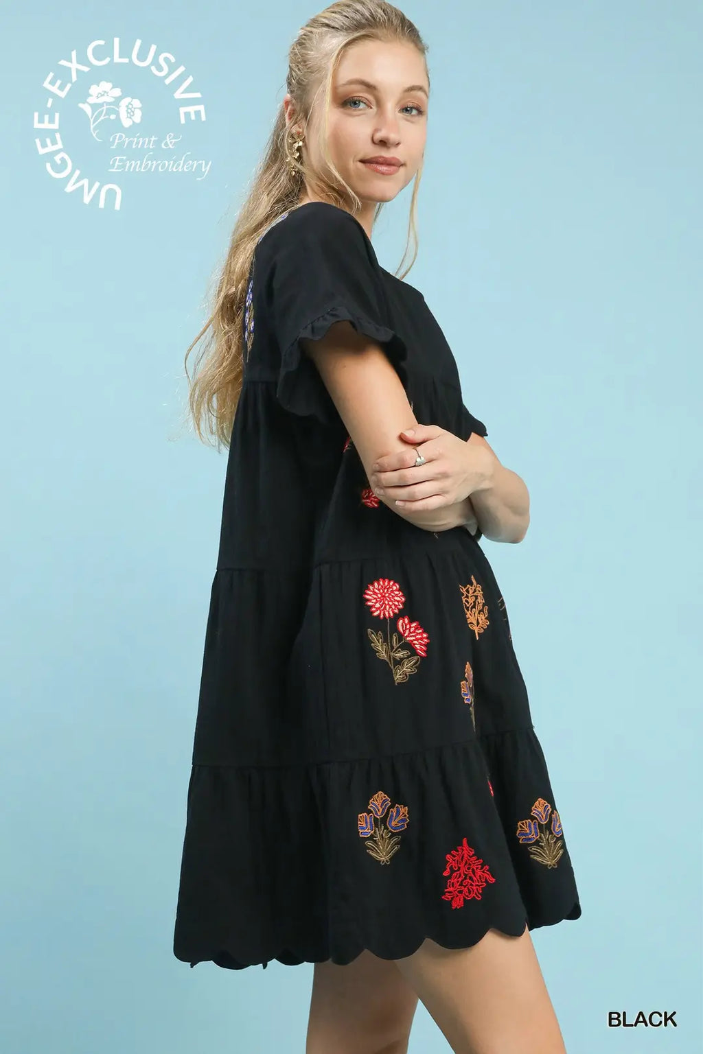 Embroidered Tiered Babydoll Dress with Ruffle Sleeves