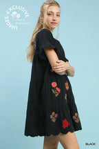 Embroidered Tiered Babydoll Dress with Ruffle Sleeves