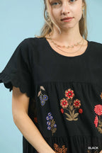 Embroidered Tiered Babydoll Dress with Ruffle Sleeves