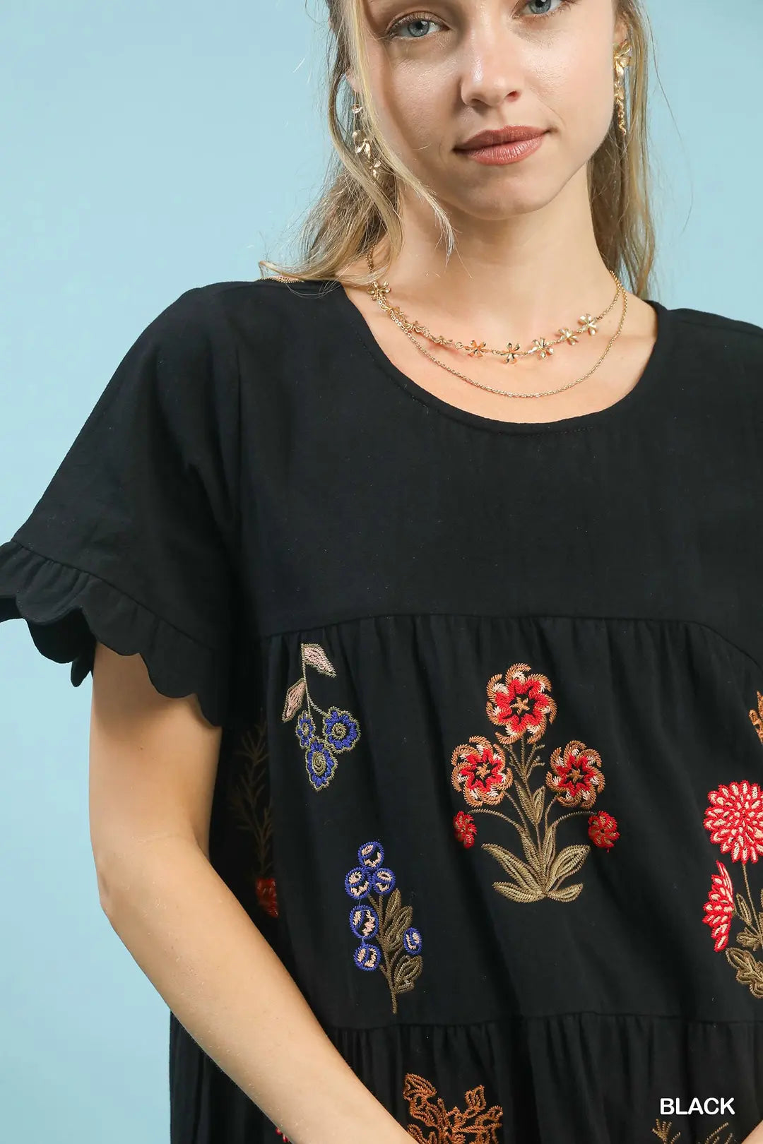 Embroidered Tiered Babydoll Dress with Ruffle Sleeves