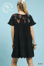 Embroidered Tiered Babydoll Dress with Ruffle Sleeves