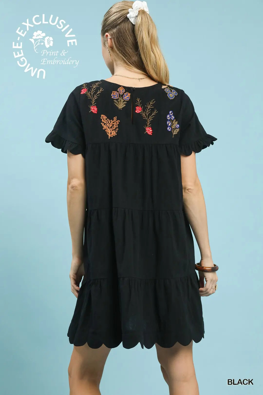 Embroidered Tiered Babydoll Dress with Ruffle Sleeves