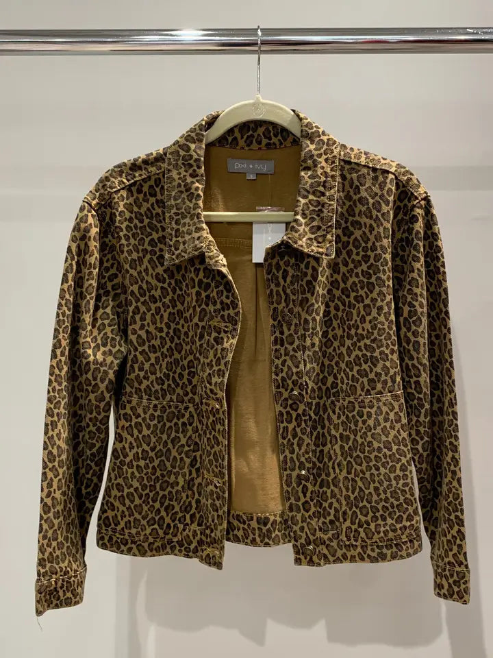 Leopard Print Soft Washed Denim Jacket