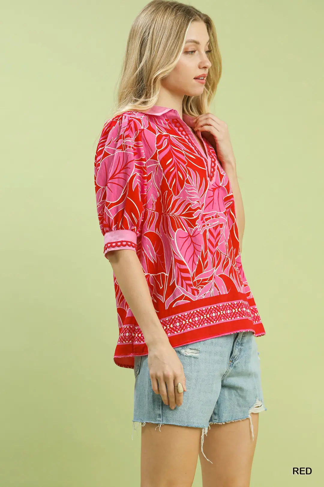 Tropical Print Puff Sleeve Blouse