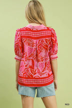 Tropical Print Puff Sleeve Blouse