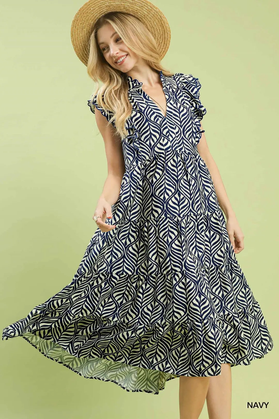 Leaf Print Tiered Midi Dress
