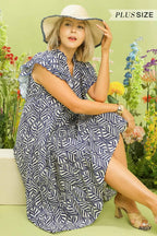 Plus Size Leaf Print Tiered Midi Dress