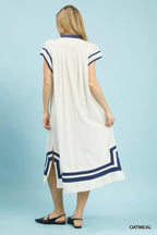 Linen Cotton Contrast Neckline Midi Dress