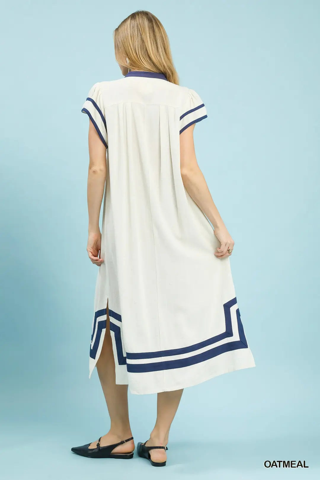 Linen Cotton Contrast Neckline Midi Dress