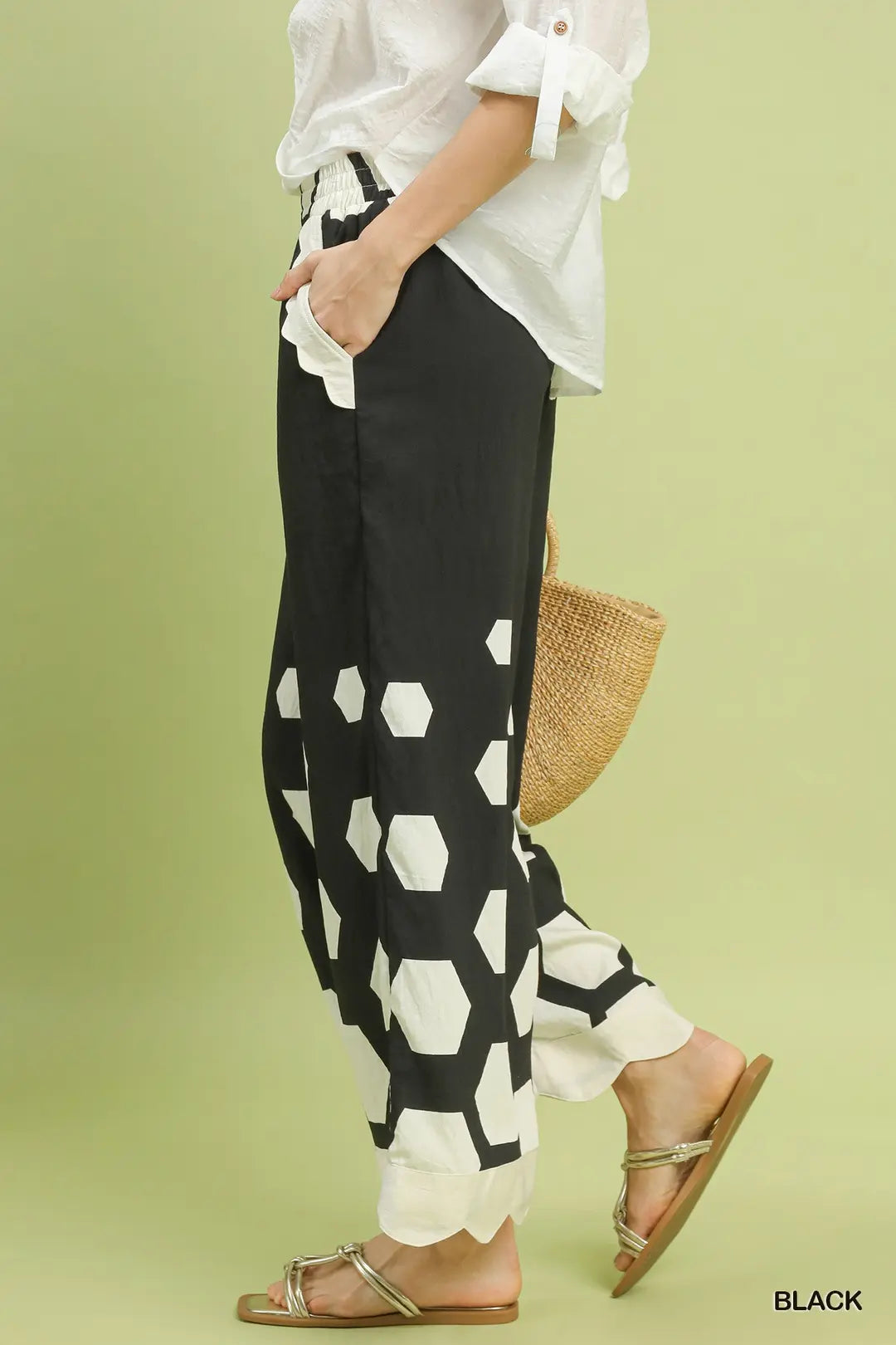 Hexagon Print Wide Leg Pants with Scalloped Hem