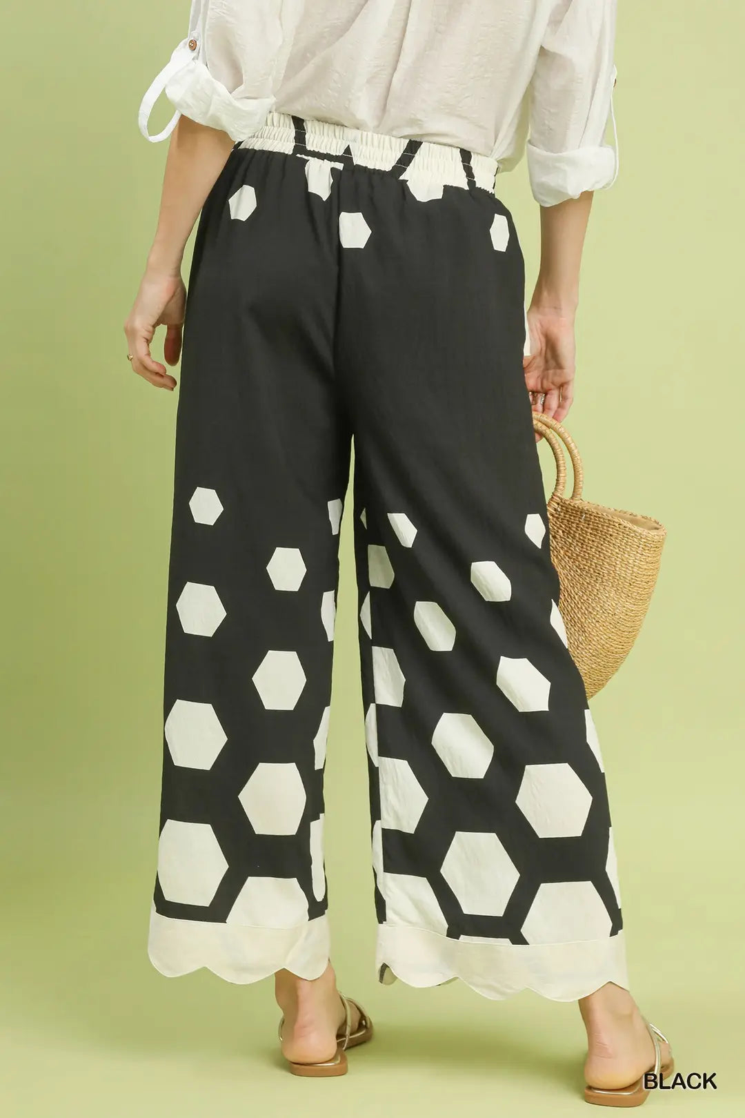Hexagon Print Wide Leg Pants with Scalloped Hem