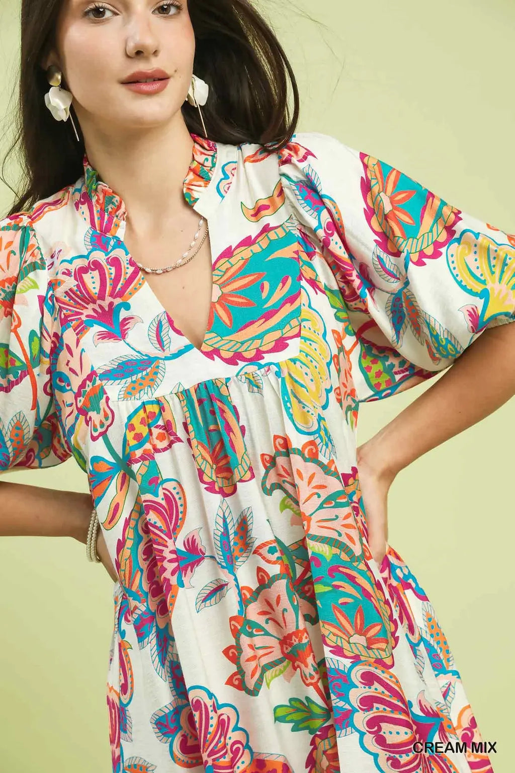 Abstract Print Puff Sleeve Babydoll Dress