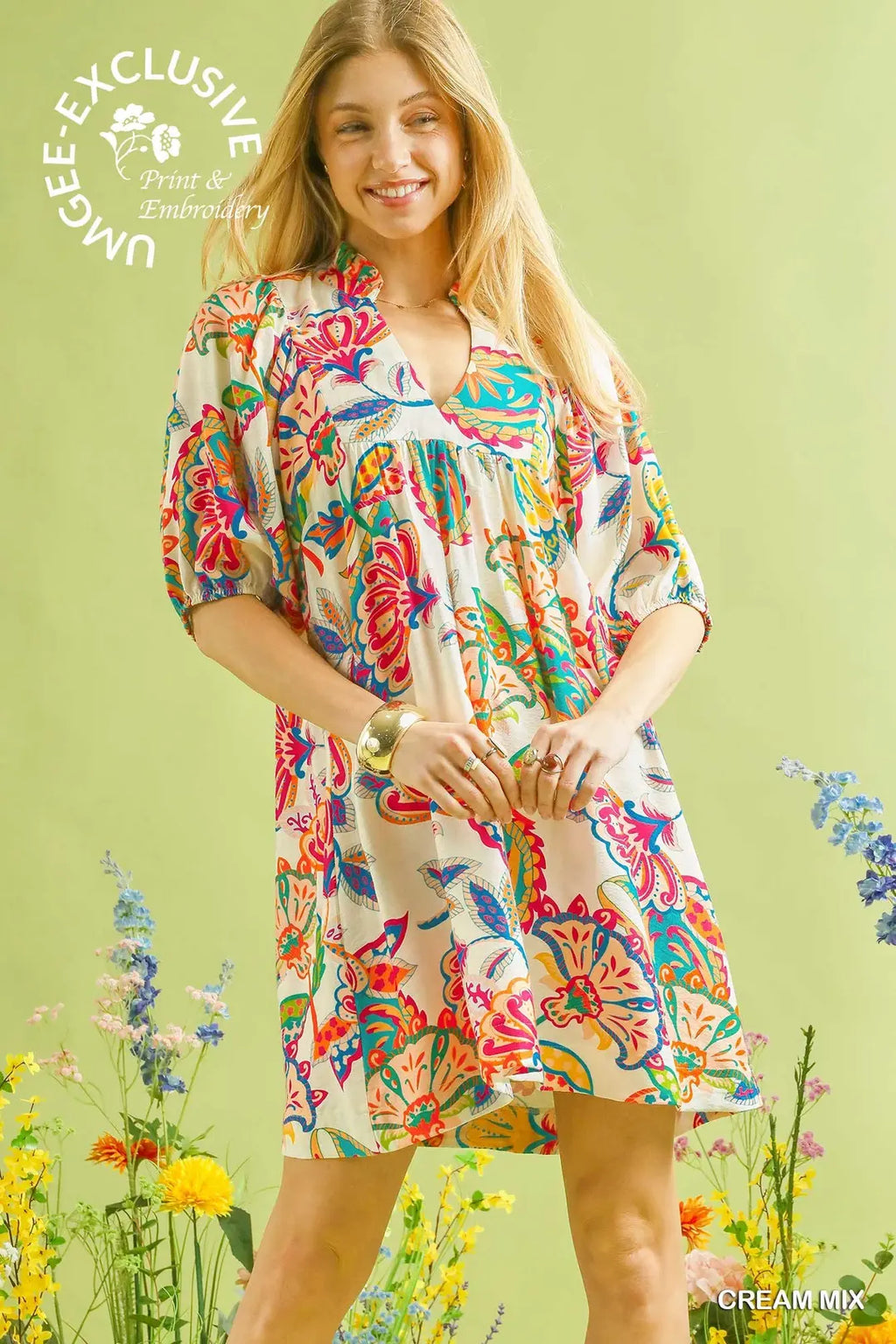 Abstract Print Puff Sleeve Babydoll Dress