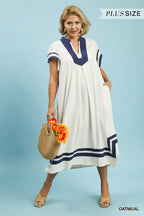 Plus Size Linen Cotton Contrast Neckline Midi Dress