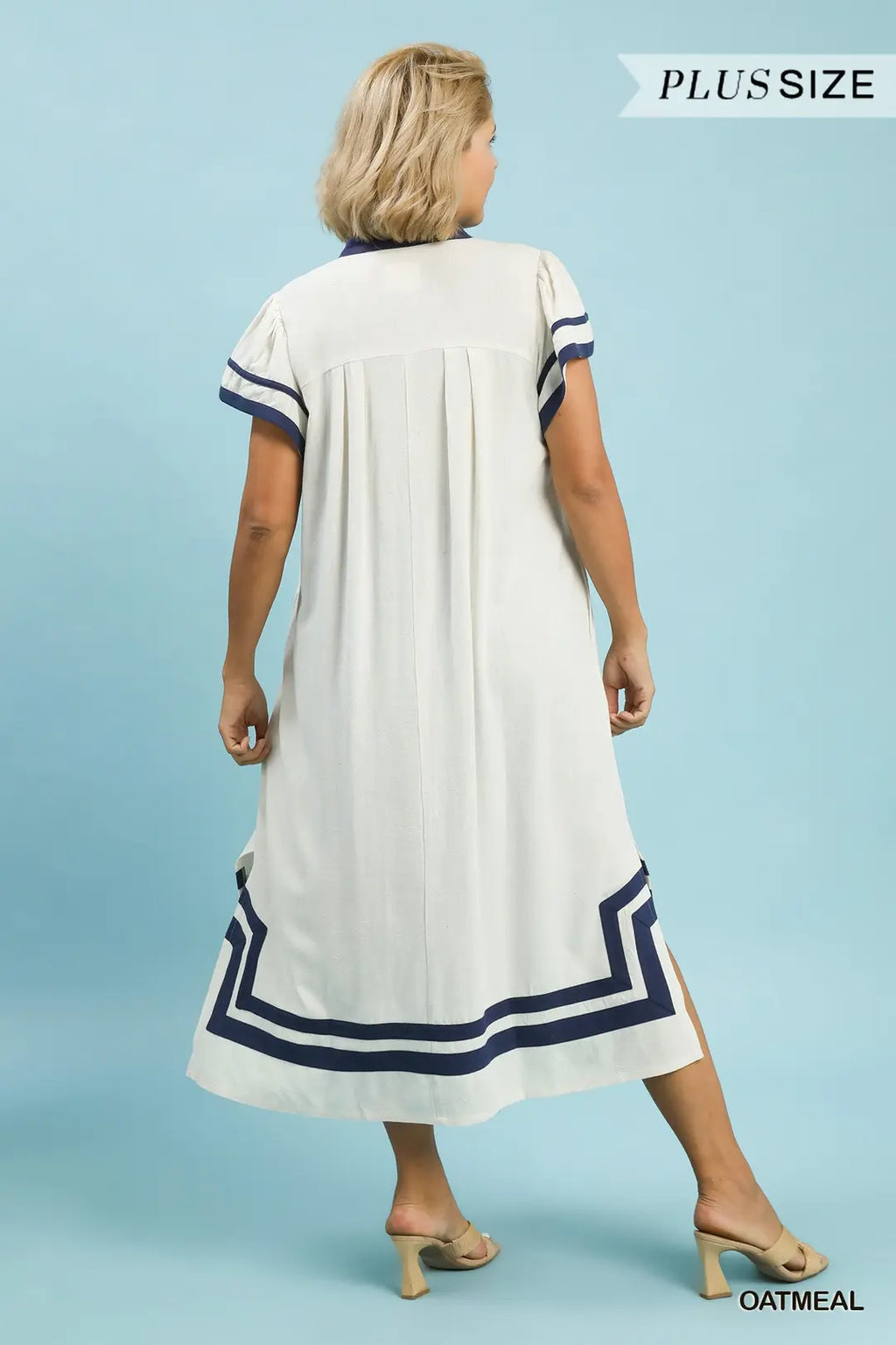 Plus Size Linen Cotton Contrast Neckline Midi Dress