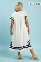 Plus Size Linen Cotton Contrast Neckline Midi Dress