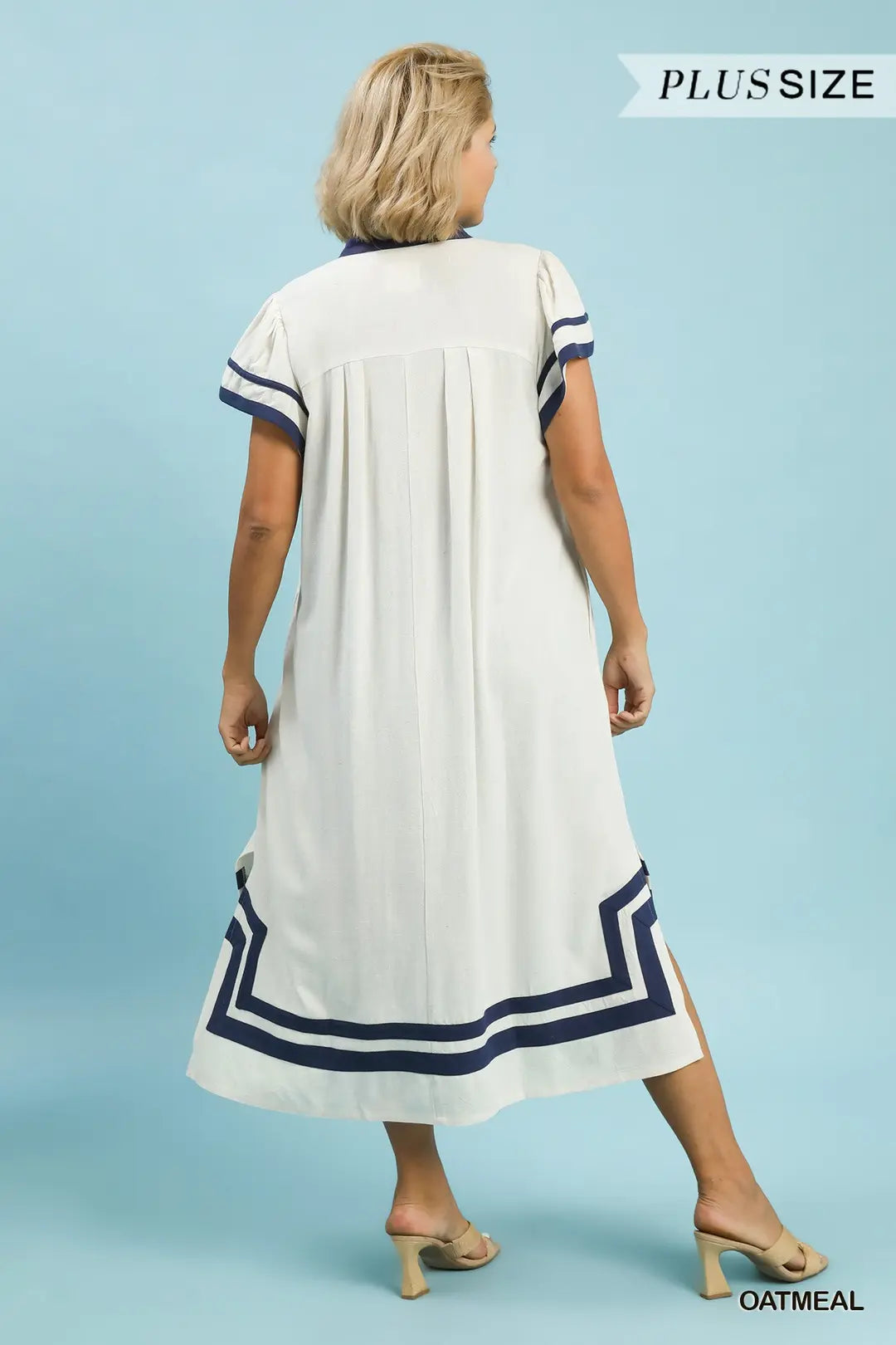 Plus Size Linen Cotton Contrast Neckline Midi Dress