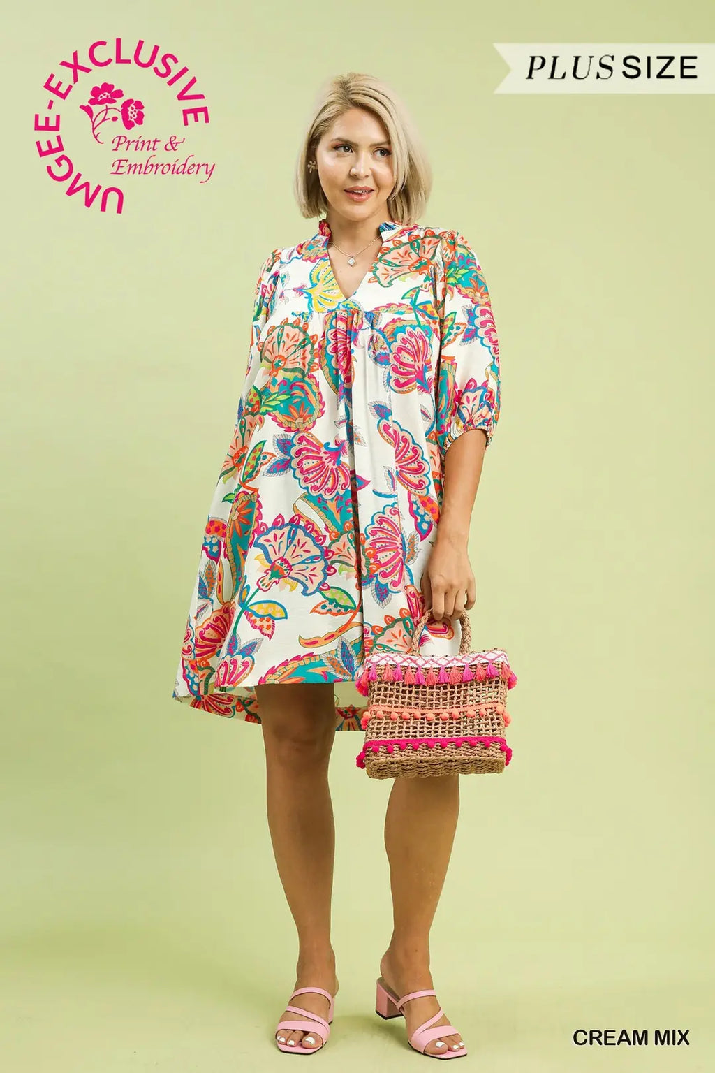 Plus Size Abstract Print Puff Sleeve Babydoll Dress