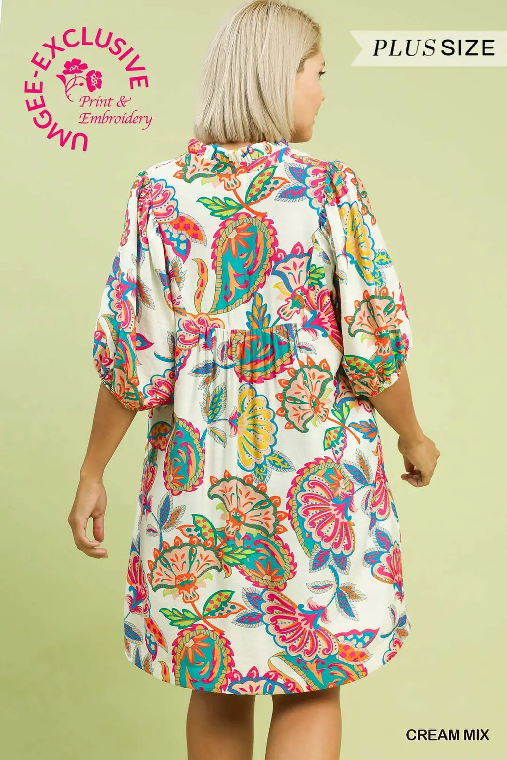 Plus Size Abstract Print Puff Sleeve Babydoll Dress