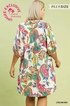 Plus Size Abstract Print Puff Sleeve Babydoll Dress
