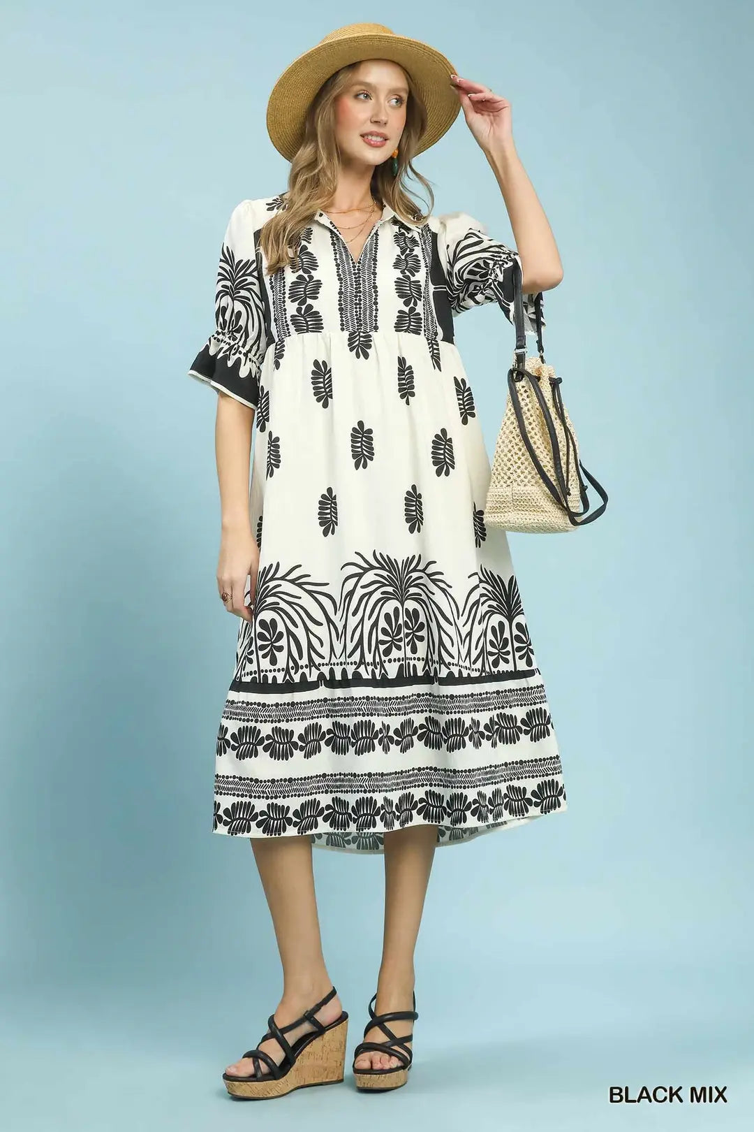 Border Print Midi Dress with Puff Sleeves