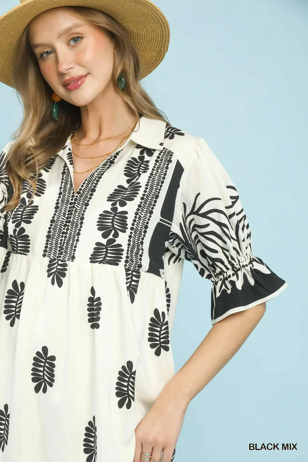 Border Print Midi Dress with Puff Sleeves