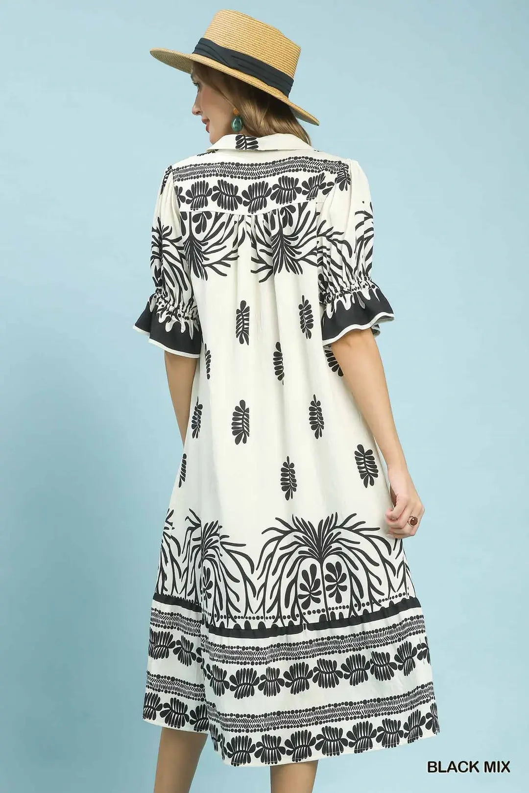 Border Print Midi Dress with Puff Sleeves