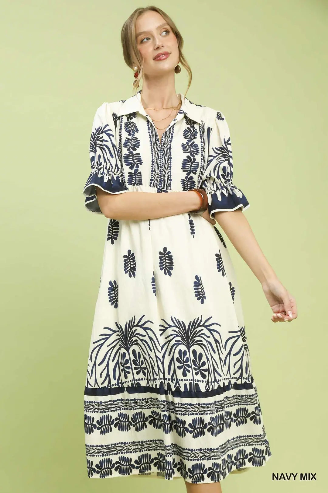 Border Print Midi Dress with Puff Sleeves